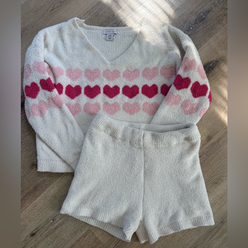 Sincerly Jules Cream Plush Heart Lounge Set with Pink & Red Hearts